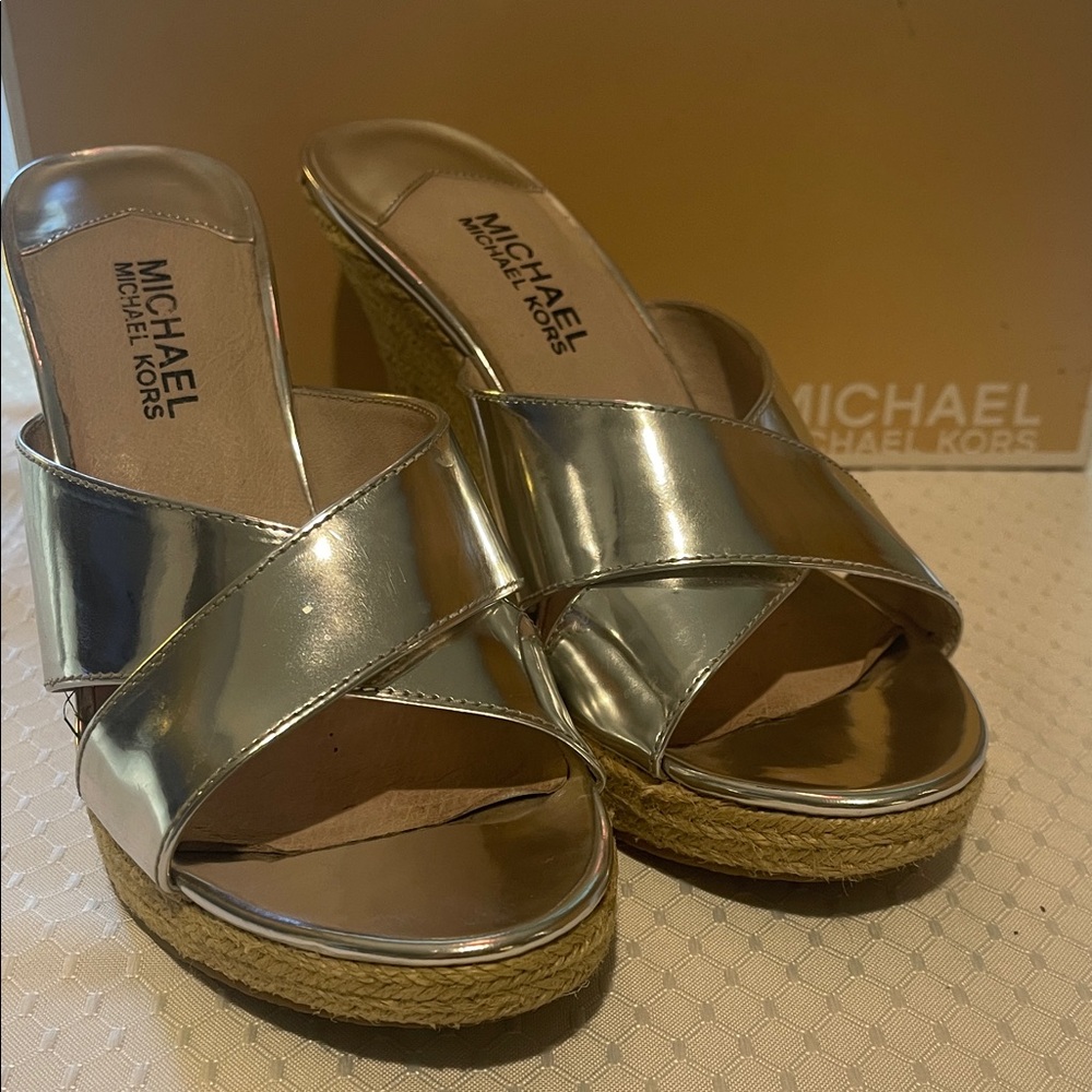 Michael Kors Shiny Silver Wedge Sandals - Picture 11 of 11